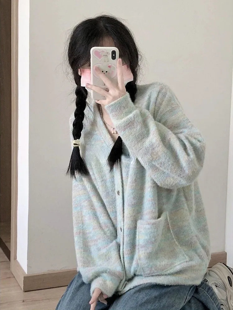 Cute Iridescence Knitted Cardigans Loose Sweet Y2k Aesthetic Single Breaste Tops Contrast Color Grunge Harajuku Sweaters Women