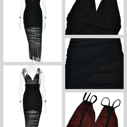 Load image into Gallery viewer, Sleeveless Mesh Sexy Maxi Dress Women Spaghetti Strap V Neck Draped Ruched Package Hip Bodycon Outfit Summer Party Dress
