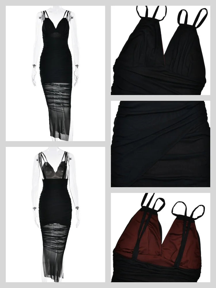 Sleeveless Mesh Sexy Maxi Dress Women Spaghetti Strap V Neck Draped Ruched Package Hip Bodycon Outfit Summer Party Dress