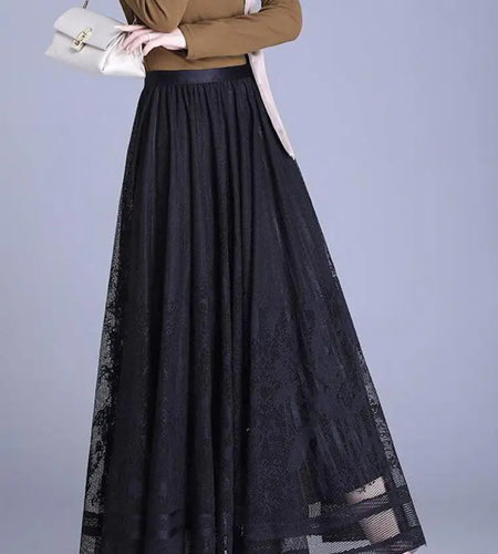 Spring Summer French Vintage Black White Lace Slim Versatile Long Skirt Women Brown Beige High Waist Elegant Party Pleated Skirt