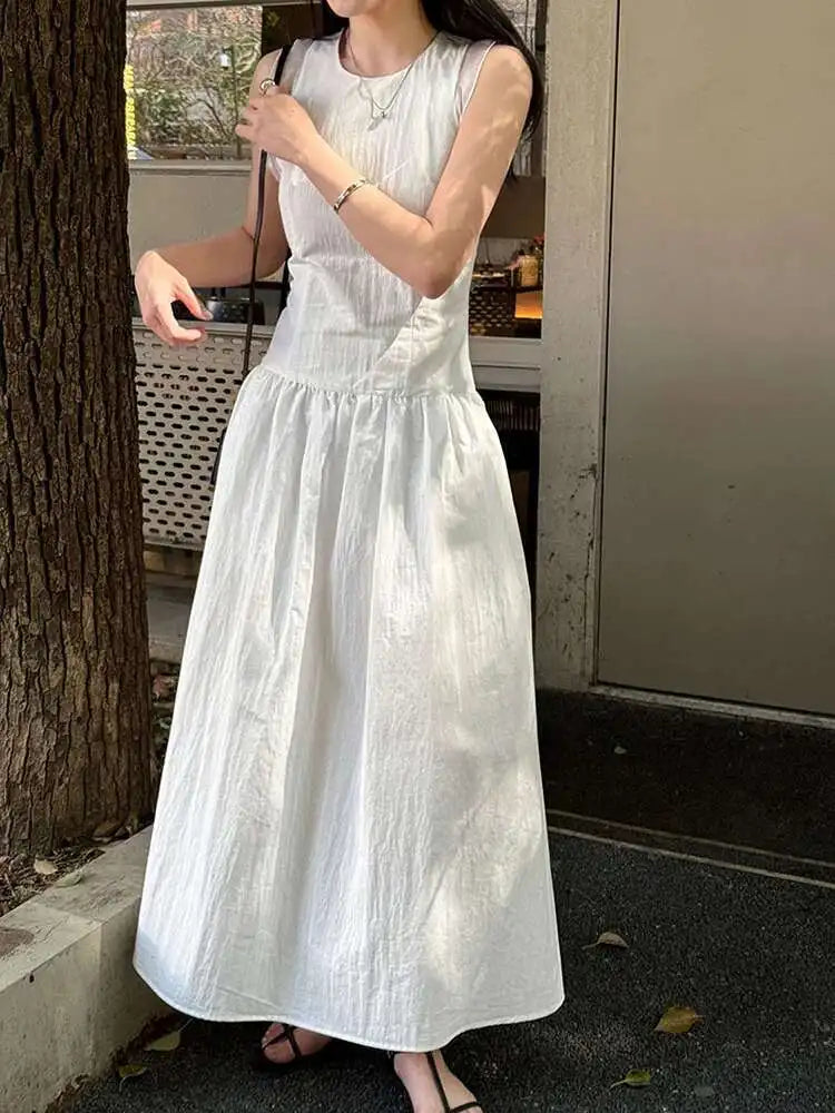 Women Coffee Color-block Elegant Long Vest Dress New Round Neck Sleeveless Fashion Tide Spring Summer 2025 1DJ0743