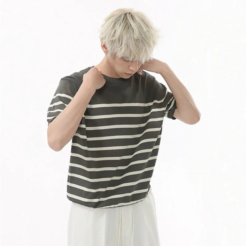 Summer Men's T-shirts Short Sleeve New Korean Striped Contrast Color Pullover Round Neck Casual Simple Male T-shirt 9W1601