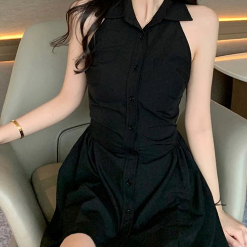 Load image into Gallery viewer, Black Halter Polo Neck Female Shirt Dress Slim Waist Sleeveless Solid Color Single Breasted Women&#39;s Dresses Office Lady
