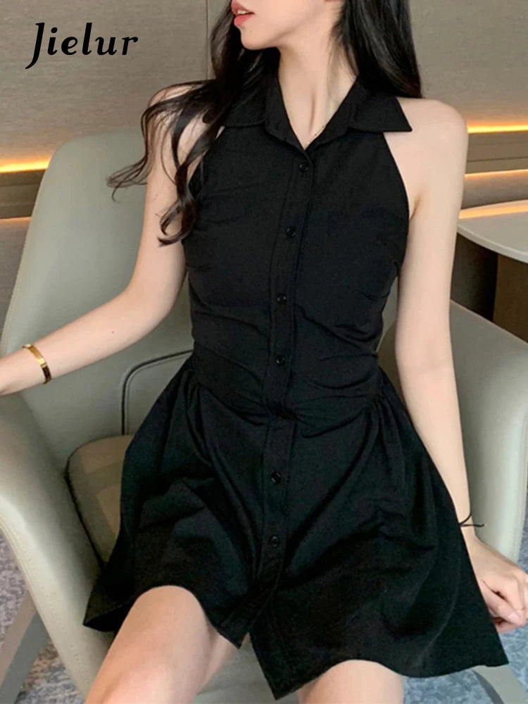 Black Halter Polo Neck Female Shirt Dress Slim Waist Sleeveless Solid Color Single Breasted Women's Dresses Office Lady