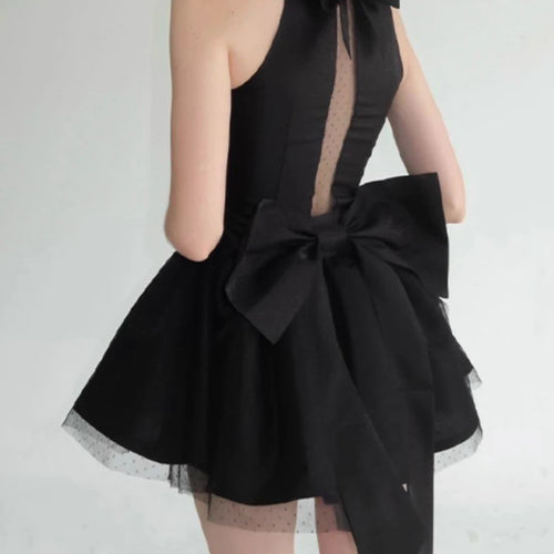 Load image into Gallery viewer, Solid Spliced Bowknot Elegant Mini Dresses for Women Square Neck Sleeveless Patchwork Folds Fashion Dress Female
