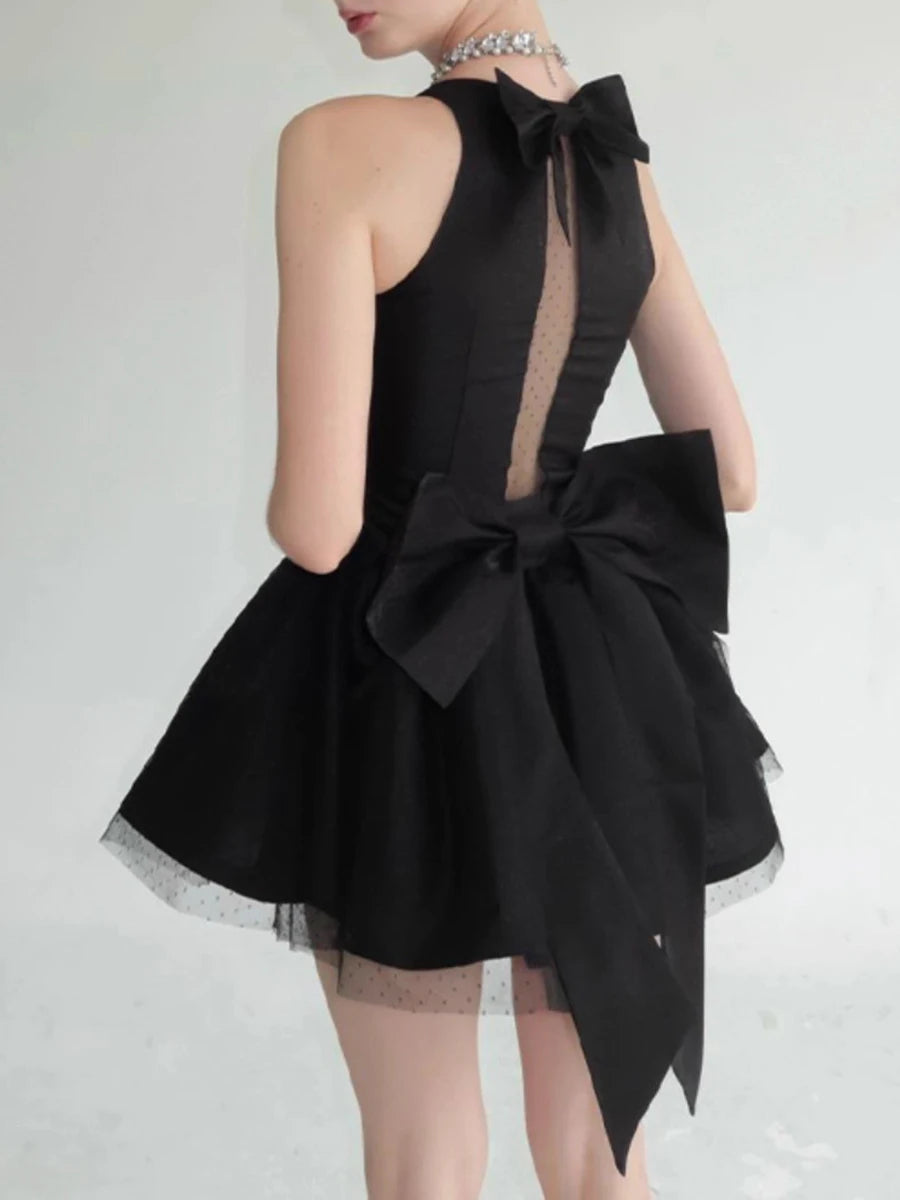 Solid Spliced Bowknot Elegant Mini Dresses for Women Square Neck Sleeveless Patchwork Folds Fashion Dress Female