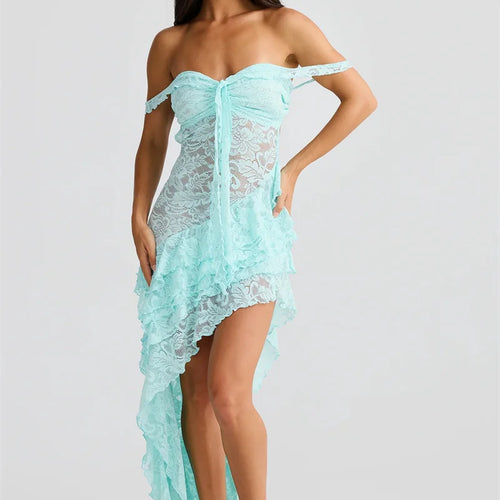 Load image into Gallery viewer, Lace Ruffle Sexy Maxi Dress Women Fashion Summer Off-shoulder Strapless Sleeveless Backless Beach Holiday Club Dress
