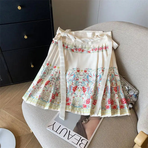 Load image into Gallery viewer, Spring Chinese Style Improved Printed Bandage Mini Skirt Women High Waist Slim A-line Pleated Horse Face Short Skirts Versatile

