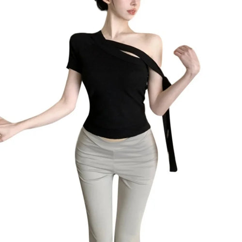 Load image into Gallery viewer, y2k Crop Tops Women Clothes Contrast Color Tie up Shoulders Contrast Color Asymmetrical T Shirts Vest 2000s Streetwear
