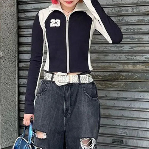 Load image into Gallery viewer, Moto&amp;Biker Style Patchwork Slim Zip-Up Jacket Harajuku Sporty Autumn Coat Women Cropped Contrast Color Retro Outwear
