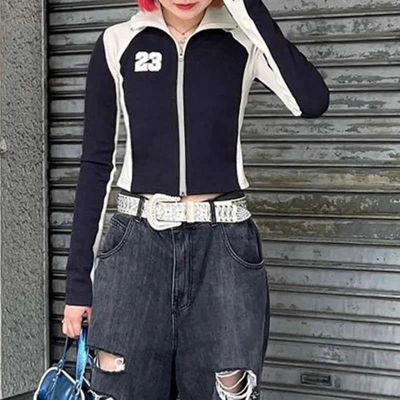 Moto&Biker Style Patchwork Slim Zip-Up Jacket Harajuku Sporty Autumn Coat Women Cropped Contrast Color Retro Outwear