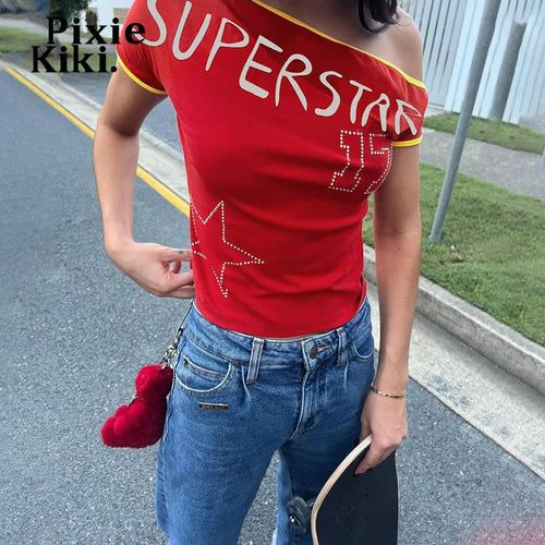 Load image into Gallery viewer, Graphic Tee Shirt Y2k 2000s Streetwear Rhinestone Star Letter Print One Shoulder Short Sleeve Crop Top Summer P83-BB14
