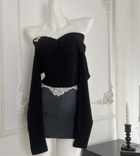 Women Autumn Winter 2024 New French Black Patchwork Lace Elegant Long Sleeved Tops And Gray High Waist Short Skirt Two Piece Set