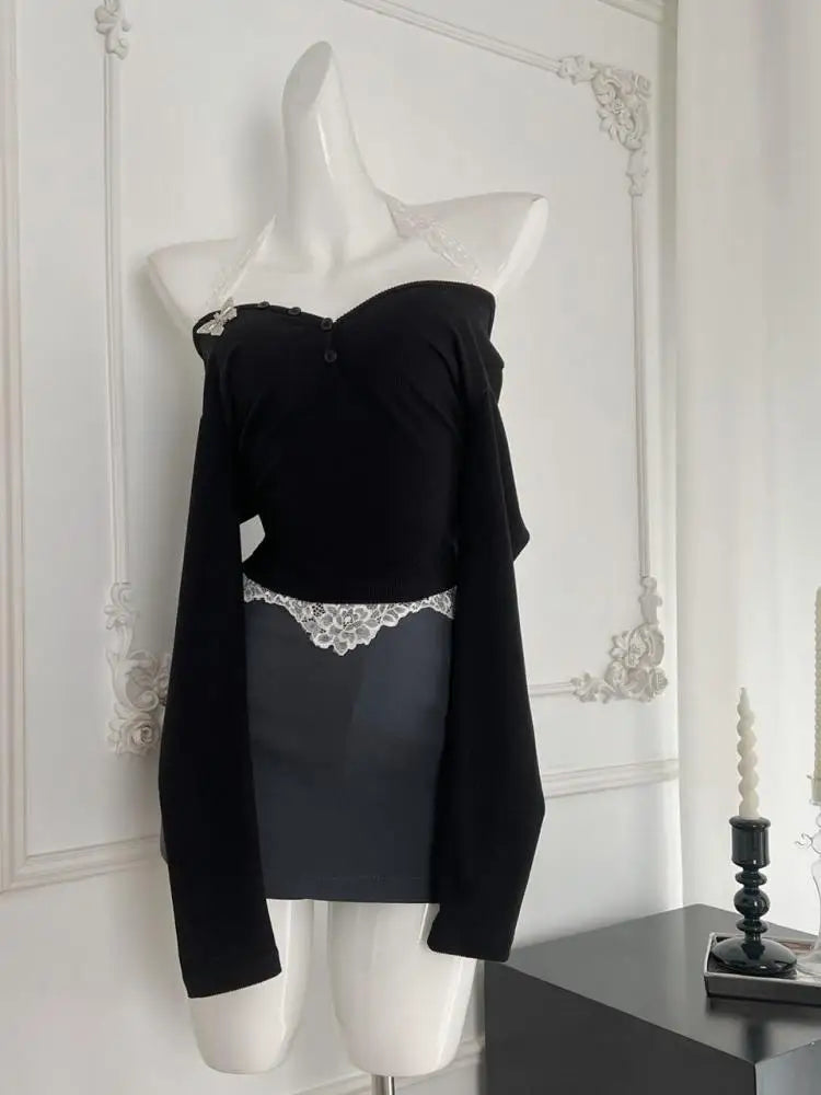 Women Autumn Winter 2024 New French Black Patchwork Lace Elegant Long Sleeved Tops And Gray High Waist Short Skirt Two Piece Set