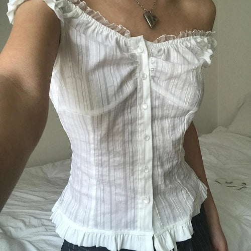 Load image into Gallery viewer, Fashion Chic White Off Shoulder Women Tops Blouse Ruched Buttons-Up Folds Korean Style Summer Shirt Cardigan Clothing
