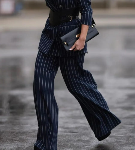 Suit Striped Pants for Women Work Casual Fall Spring Business Office Loose Female Long Blue Trousers