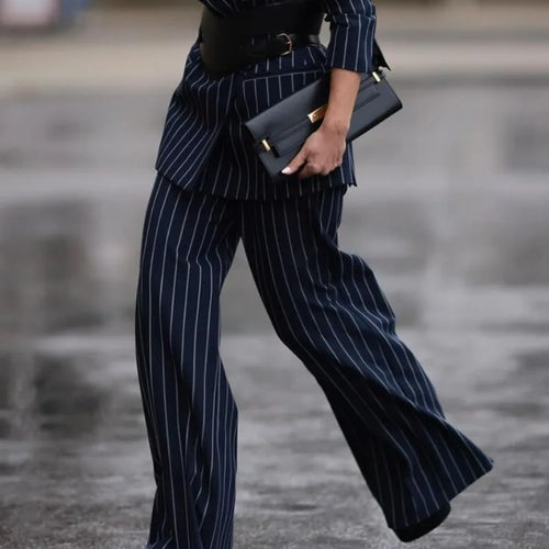 Load image into Gallery viewer, Suit Striped Pants for Women Work Casual Fall Spring Business Office Loose Female Long Blue Trousers
