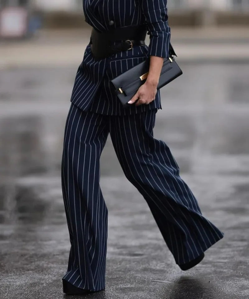 Suit Striped Pants for Women Work Casual Fall Spring Business Office Loose Female Long Blue Trousers
