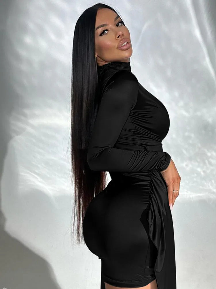 Women's V-Neck Long Sleeved Elastic Tight Lace Up Evening Dress, Slim Pleated, Temperament Female Dress, Party Clubwear,