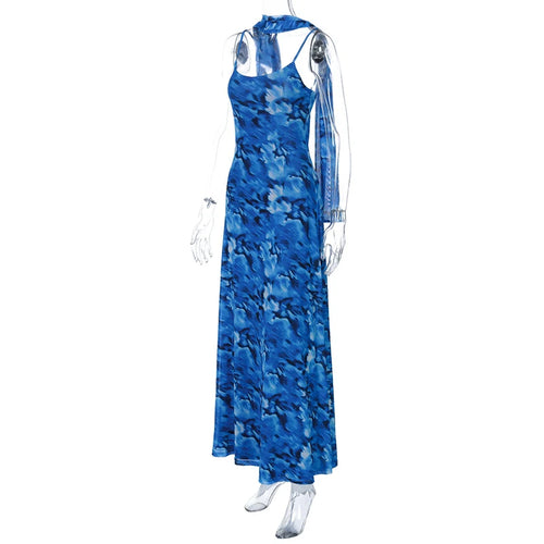 Load image into Gallery viewer, Halter Backless Print Sexy Maxi Dress For Women Gown Elegant Blue Printed Lace-up Sleeveless Evening Long Dress

