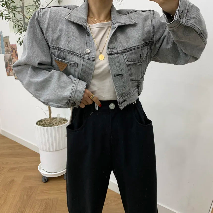 Retro Grey Crop Denim Jacket Women Long Sleeve 2023 Autumn Street Korean Fashion High Waist Jean Coat Ladies Festival Outerwear