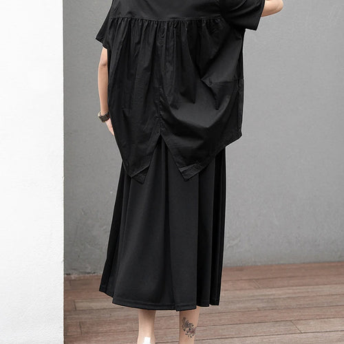 Load image into Gallery viewer, Women Black Irregular Spliced Big Size Casual T-shirt New Round Neck Short Sleeve Fashion Tide Spring Summer 2025 1DJ0488
