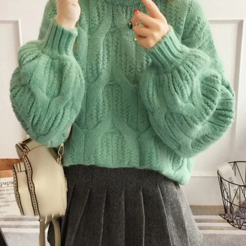 Load image into Gallery viewer, Solid Pullover Knitting Sweaters For Women Round Neck Lantern Sleeve Loose Minimalist Sweater For Women Fashion
