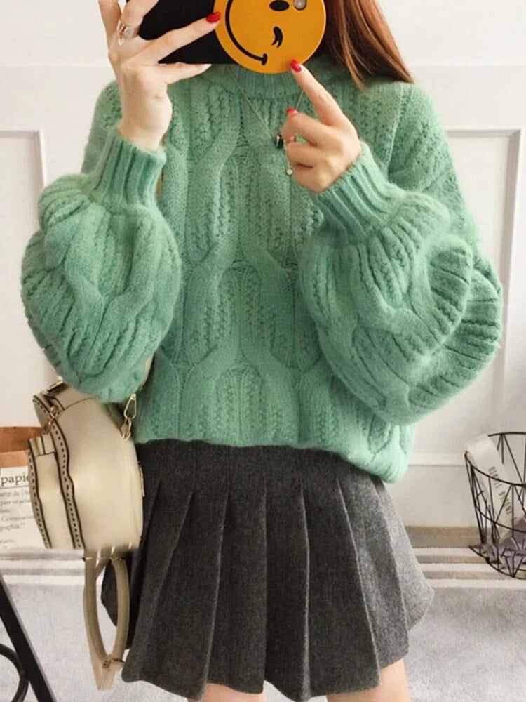 Solid Pullover Knitting Sweaters For Women Round Neck Lantern Sleeve Loose Minimalist Sweater For Women Fashion