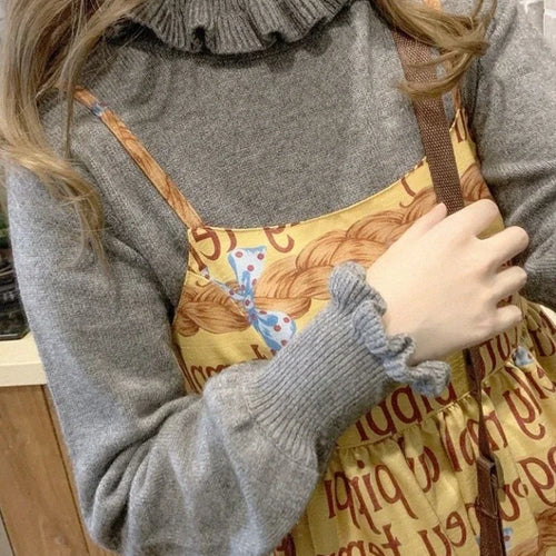 Load image into Gallery viewer, Kawaii Ruffle High Collar Sweater Women Japanese Vintage Soft Girl Lantern Sleeve Cute Lolita Knitted Jumper Pullover
