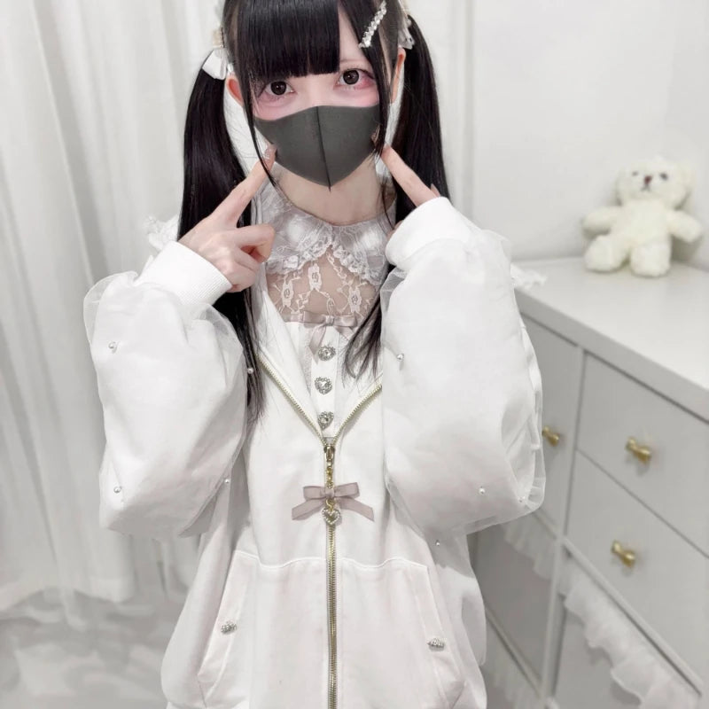 Japanese Pearl Gauze Patchwork Coats Women Y2k Aesthetic Lace Rabbit's Ears Jackets Casual Oversized Harajuku Kawaii Hoodies Top