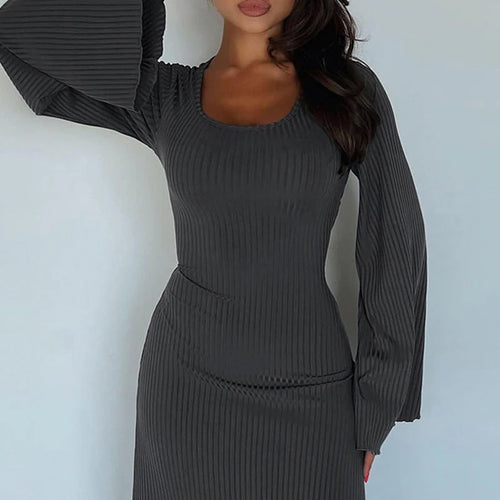 Load image into Gallery viewer, Fashion Elegant Knit Maxi Dress Frill Knit Solid Flare Sleeve Autumn Dress Ladies Basic Lace Up A-Line Long Outfits
