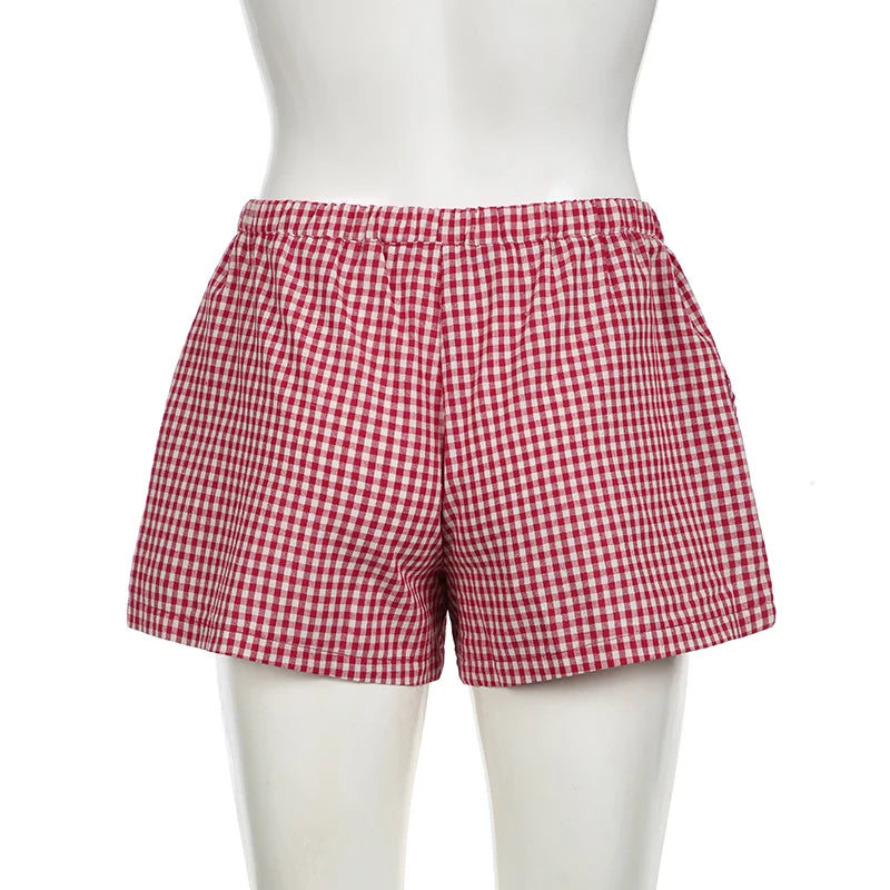 Casual Cotton Red Plaid Shorts Women Bow Korean Fashion Y2K Short Pants Cutecore Homewear Bottoms Checkered Clothing