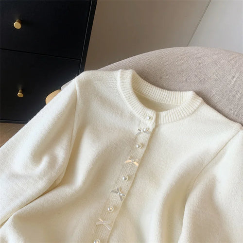 Load image into Gallery viewer, Autumn Winter Sweet Retro Red Bow Pearl Button Knit Cardigan Tops French Fashion Women White Single Breasted Long Sleeve Sweater
