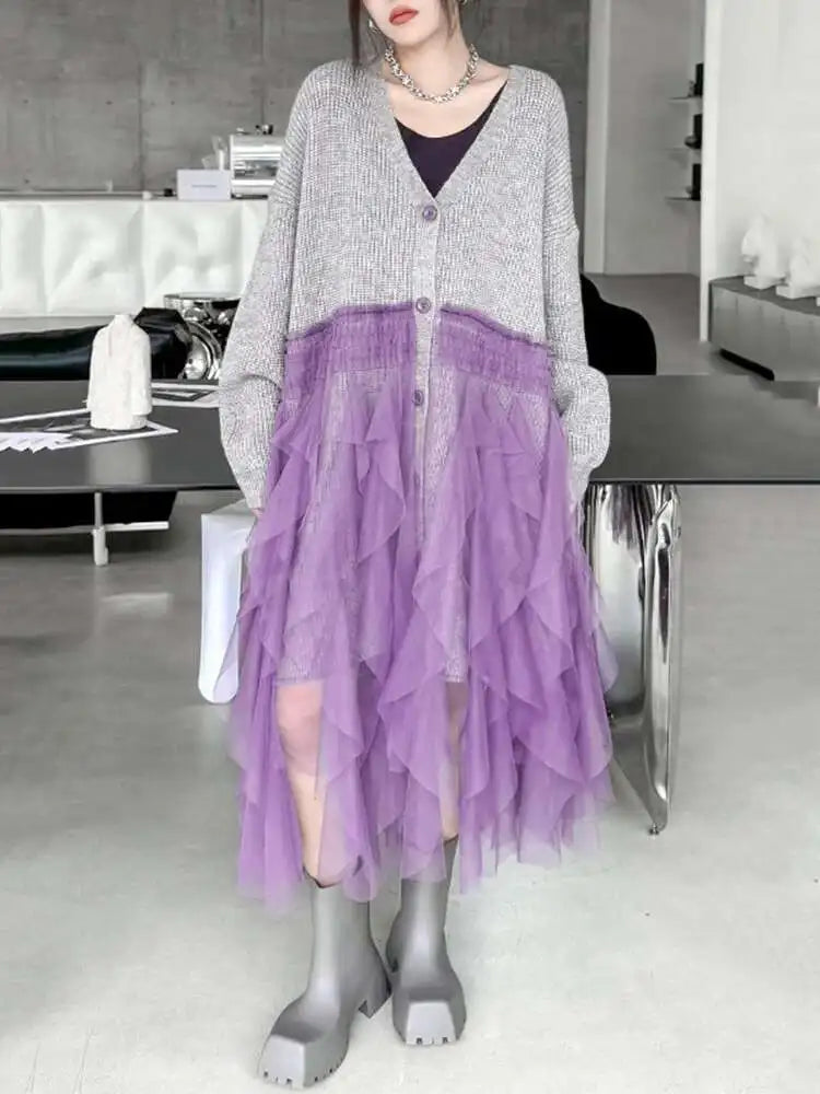 Women Black Big Size Knitting Mesh Irregular Sweater Dress New V-Neck Long Sleeve Fashion Spring Autumn 2025 1DH2366