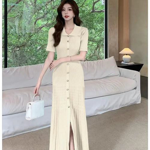 Load image into Gallery viewer, Spring Summer 2025 New Korean Style Black Beige Slim Short Sleeves Dress Women Fashion Green Elegant Single Breasted Long Dress
