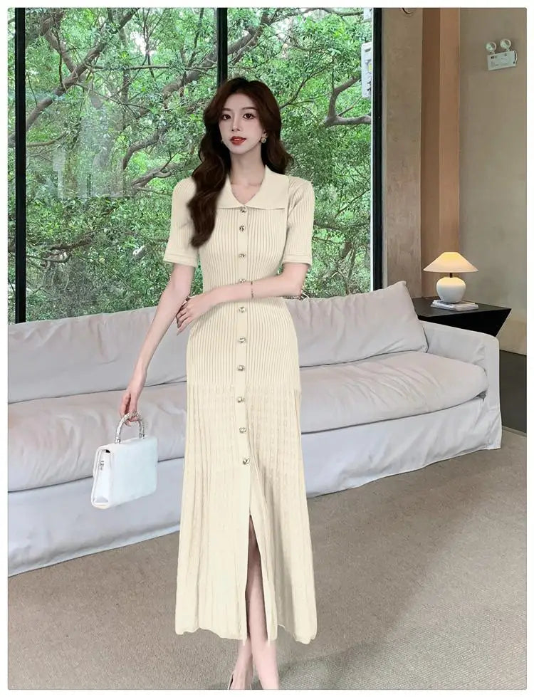 Spring Summer 2025 New Korean Style Black Beige Slim Short Sleeves Dress Women Fashion Green Elegant Single Breasted Long Dress