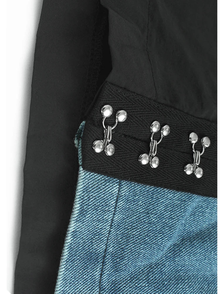 High Elastic Waist Blue Denim Color-block Rivet Long A-line Half-body Skirt Women Fashion New Spring Autumn 2025 1DH8211