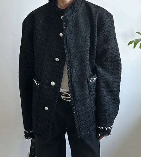 Black Nailed Elegant Big Size Tweed Jacket New Stand Collar Long Sleeve Women Coat Fashion Tide Spring Autumn 2025 1DH9562