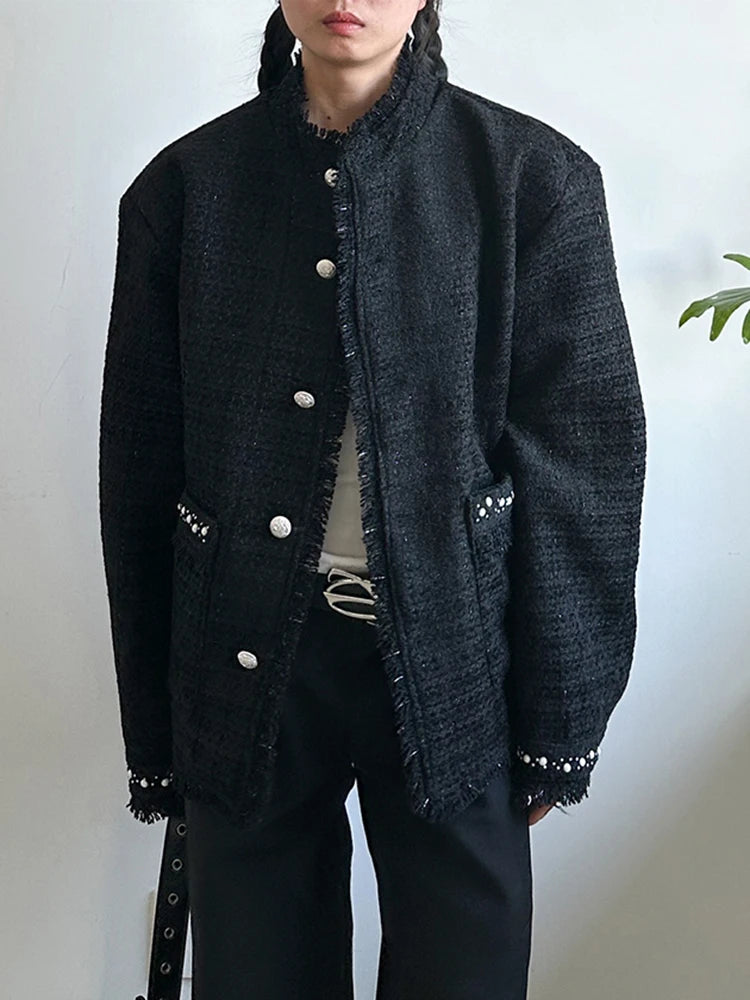 Black Nailed Elegant Big Size Tweed Jacket New Stand Collar Long Sleeve Women Coat Fashion Tide Spring Autumn 2025 1DH9562