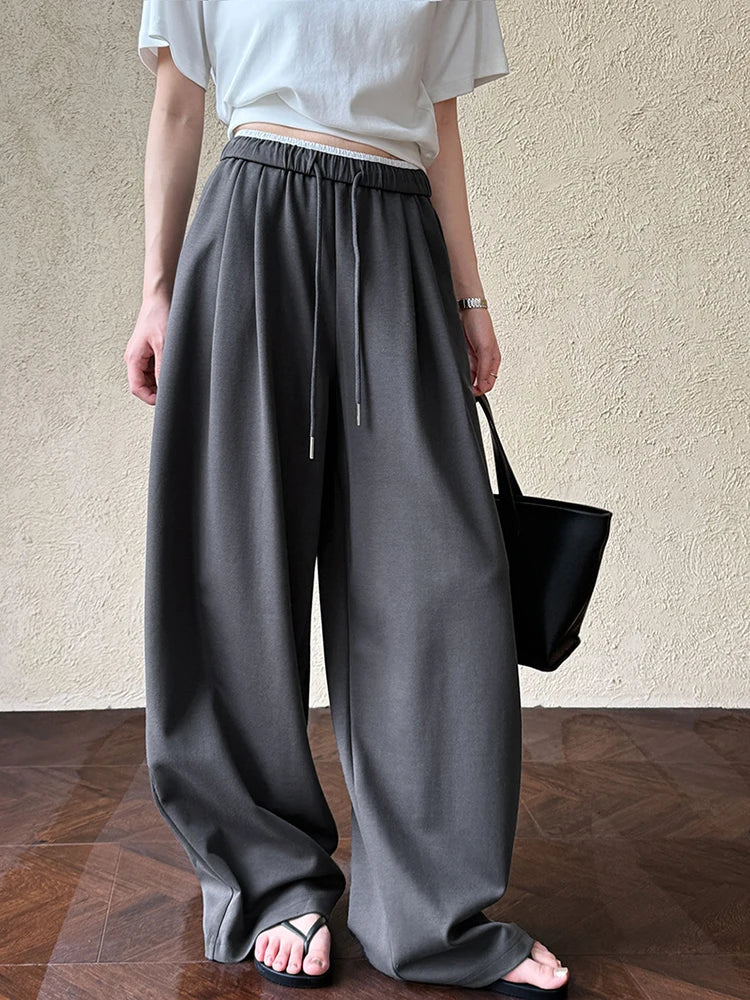 High Elastic Waist Gray White Color-block Long Wide Leg Pants New Trousers Women Fashion Tide Spring Autumn 2025 1DJ0929