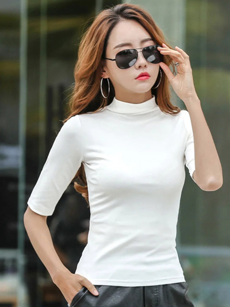 2025 Women's Mid-Sleeve High Collar T-Shirt Thin Casual Top for Females Fashionable Female Clothing