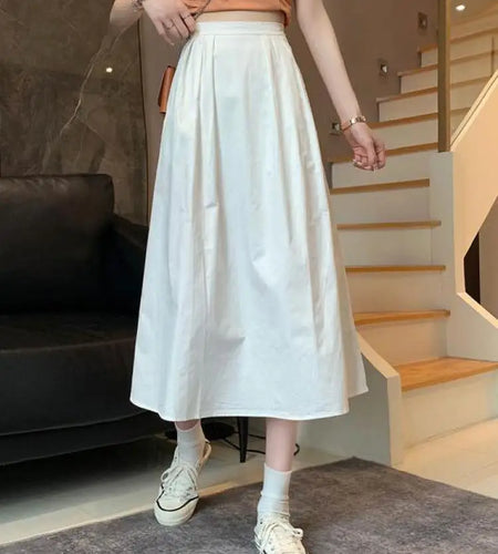 Spring Summer Women Solid Pockets Skirts Vintage High Waist Elastic Chic Long Cake A-line Versatile Mid Length Skirt For Student