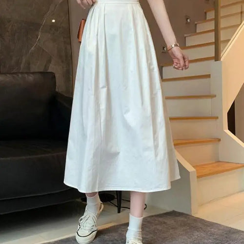 Load image into Gallery viewer, Spring Summer Women Solid Pockets Skirts Vintage High Waist Elastic Chic Long Cake A-line Versatile Mid Length Skirt For Student
