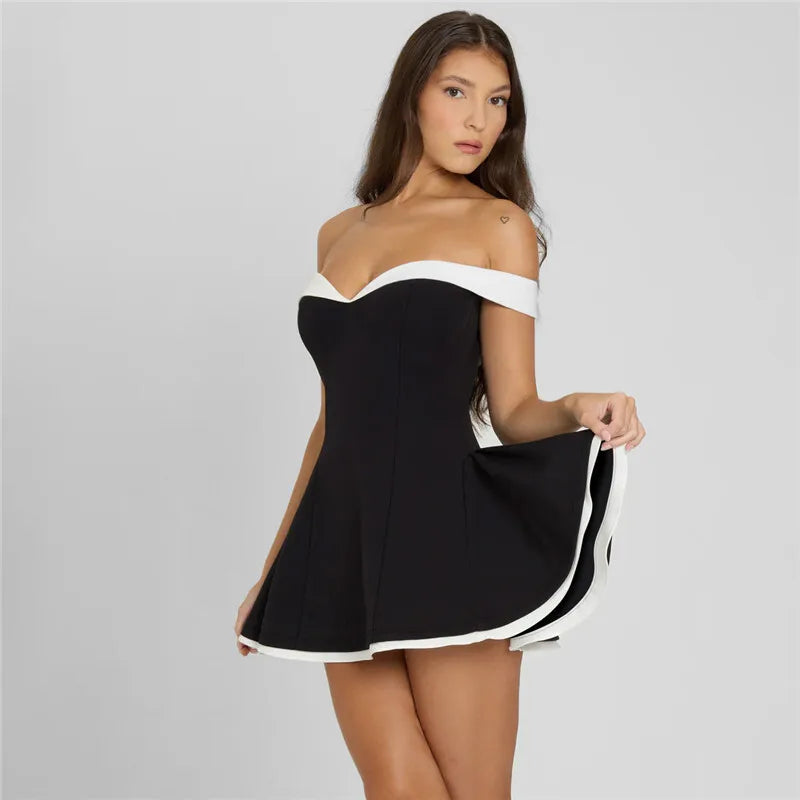 Off-shoulder Strapless Sexy Mini Dress Women Fashion Patchwork Sleeveless Backless High Waist A-line Club Party Dress