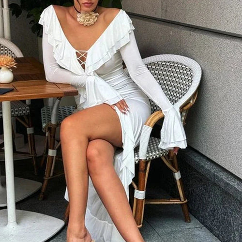 Load image into Gallery viewer, White Dress Women Deep V Neck Long Sleeve Ruffle Dresses 2024 Autumn Elegant Sexy Beach Vacation Outfits C92-EF52
