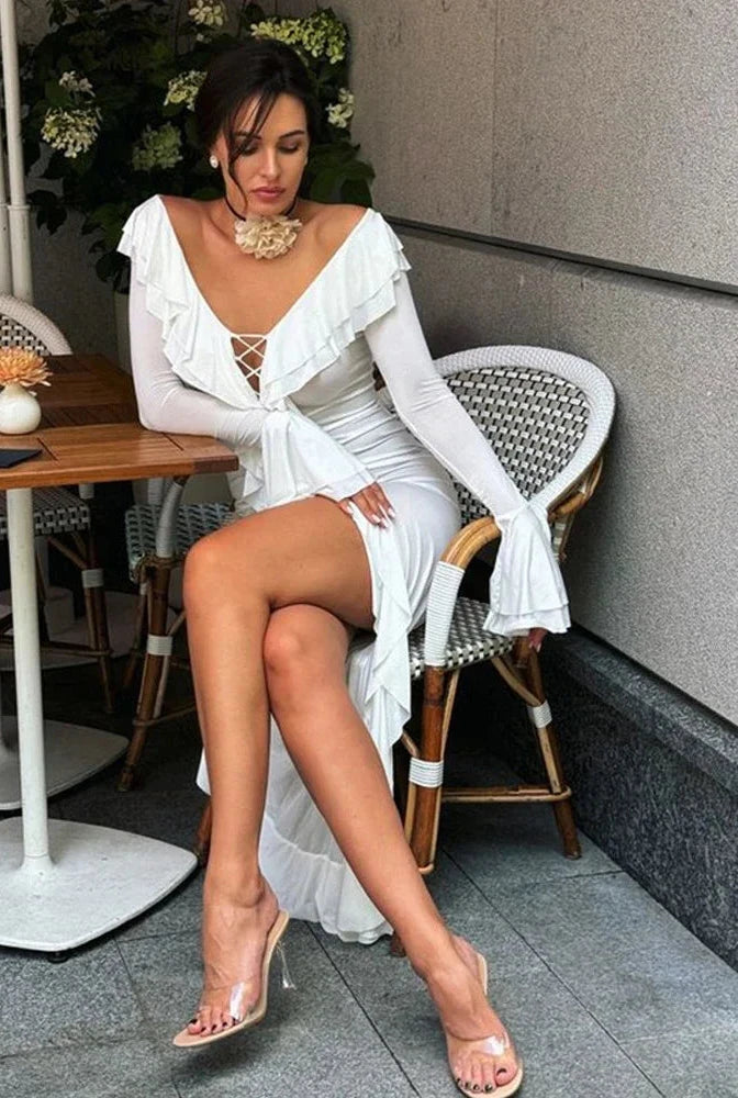 White Dress Women Deep V Neck Long Sleeve Ruffle Dresses 2024 Autumn Elegant Sexy Beach Vacation Outfits C92-EF52