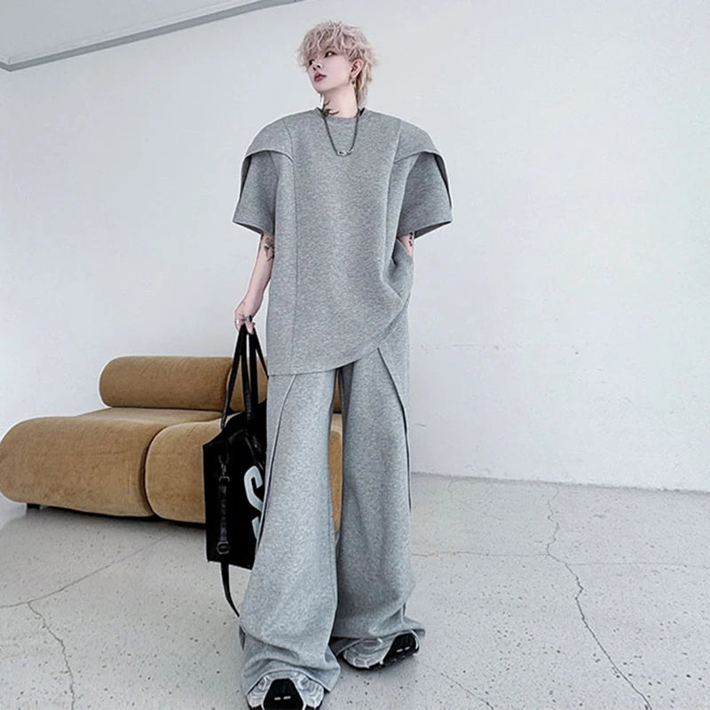 Men's Pants Set New  Summer Solid Color Splicing Short Sleeve Sweatshirt Straight Leg Trendy  Casual Pants Menwear 9W1797