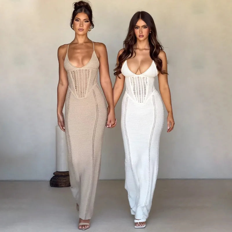 Hollow Out Backless Knit Dress For Women Spaghetti Strap Bandage Sleeveless Bodycon Club Party Sexy Long Dress Elegant
