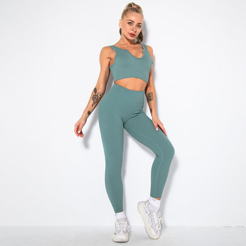 Load image into Gallery viewer, Gym Set Summer 2 Piece Outfit Ribbed Sport Bra Leggings Seamless Workout Set Fitness Active Wear Tracksuit Women Yoga Clothing
