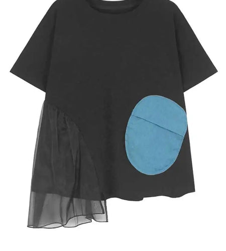 Women Black Mesh Ruffles Color-block Big Size T-shirt New Round Neck Short Sleeve Fashion Tide Spring Summer 2025 1DJ0091